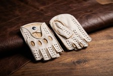 Men's fingerless driving leather gloves deerskin beige