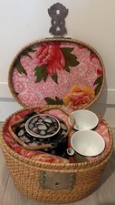 Vintage Chinese Tea Set Padded Wicker Basket Jingdezehn Reign mark from Zhonggou