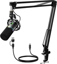 XLR/USB Dynamic Microphone Kit, RGB Podcast Mic with Software, Mute, Gain Knob, 