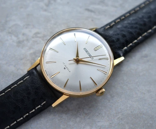 February 1968 Vintage Seiko Men's Gold Watch Mechanical Silver Dial Leather