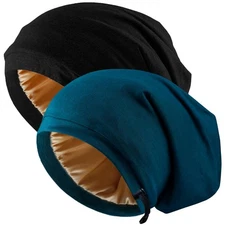 2 Pcs Adjustable Silk Satin Night Cap, Women's Men's Sleep Cap, Silk Lined Slo..