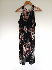 Black floral halter neck sleeveless slip dress tie back knee length S/M