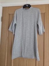 Womens Grey Striped Mini T Shirt Dress-ladies Size 10