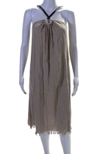 La Troupe Women's Halter Neck Fringe Hem Leather Straps Mini Dress Beige Size S