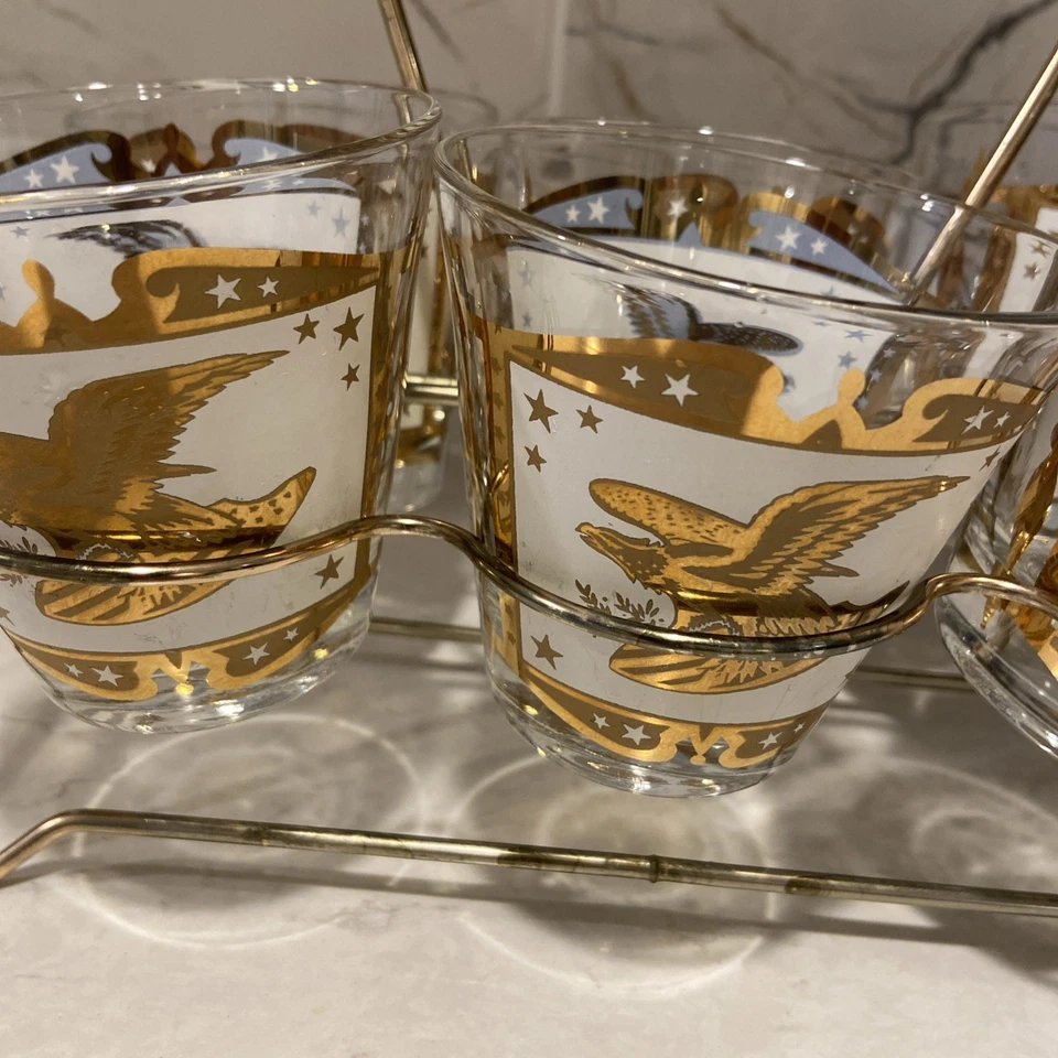 Vtg MCM Gold Trim American Eagle Barware Set Of 6 Old Fashioned W Caddy - Image 4 of 4