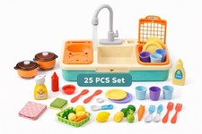 Cute Stone Kids Kitchen Sink Play Set w/ Running Water Steam Stove 25pcs Toy
