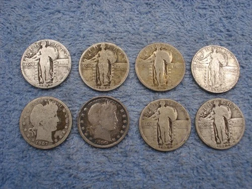 8 SILVER QUARTERS: 1899 & 1907 BARBERS AND 6 STANDING LIBERTIES WITH DATES