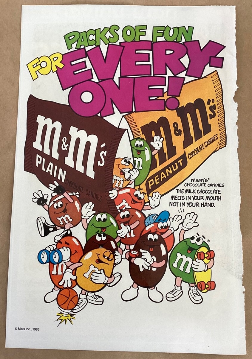 M&Ms candy 1985 print ad art promo 1980s retro vintage Packs of