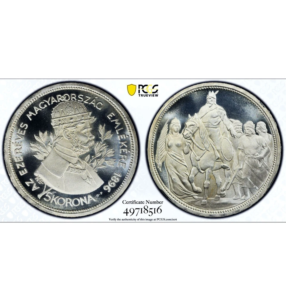 Hungría 5 coronas Franz Joseph I jinete RESTRIKE PR66 PCGS moneda de plata 1896 Foto 4 de 4