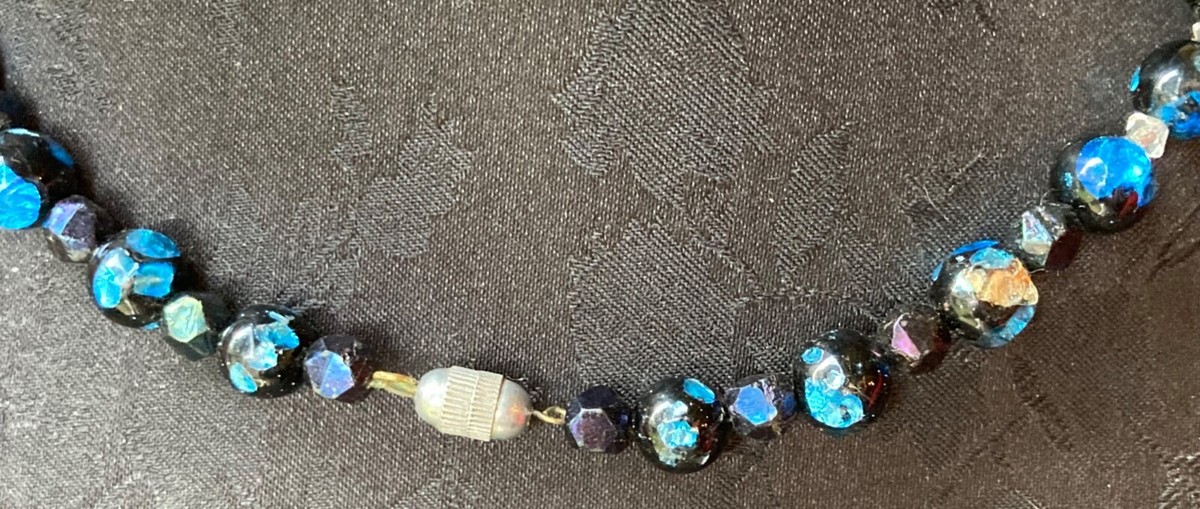 Collier Ras De Cou Vintage Années 1950 En Pâte De Verre De Murano Bleu, Perles Art Déco, Longueur 46 Cm, Occasion