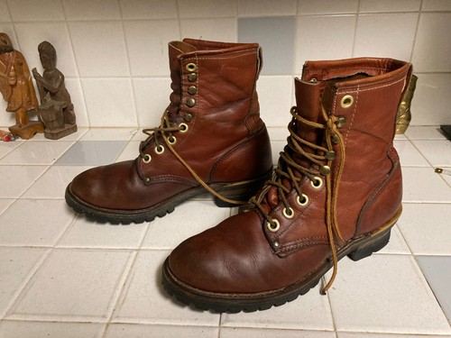 TEXAS STEER LEATHER LOGGING BOOTS Vibram Packer Smoke DISTRESSED Vintage 70's - Picture 3 of 19
