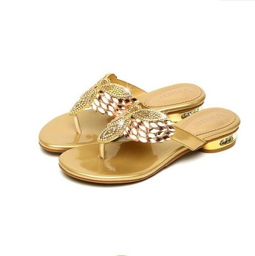 Womens Crystal Sandals Low Heel Clip Toe Rhinestone Shoes Beach Slippers Slip On - Picture 13 of 17
