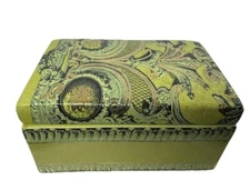 Covered Trinket Box Jewelry Dish Green & Gold Design Porcelain 5.5 X 4”