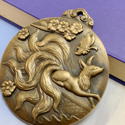 China Bronze Hand Casting Nine-Tailed Fox Fengshui Badge Netsuke Pendant