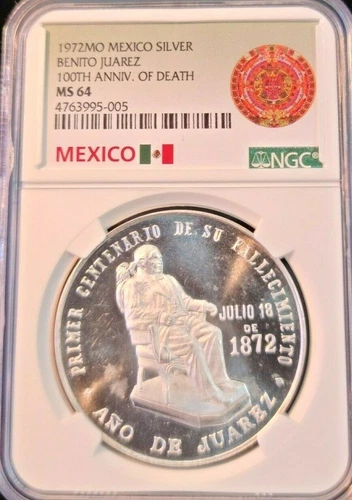 1972 MEXICO SILVER BENITO JUAREZ 100TH ANNIVERSARY NGC MS 64 STUNNING BU MEDAL