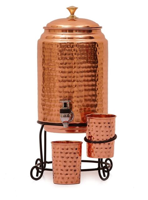 Heavy Pure Copper Water Dispenser Pot ( 5000 ml ) with 2 Copper Glass (300ml) KU