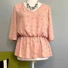 Cozy Rozy Pink Floral Elastic Waist Blouse Top NEW 