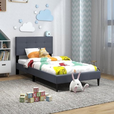 Twin Bed Fres for Kids, Modern Fabric Linen Upholstered Platform