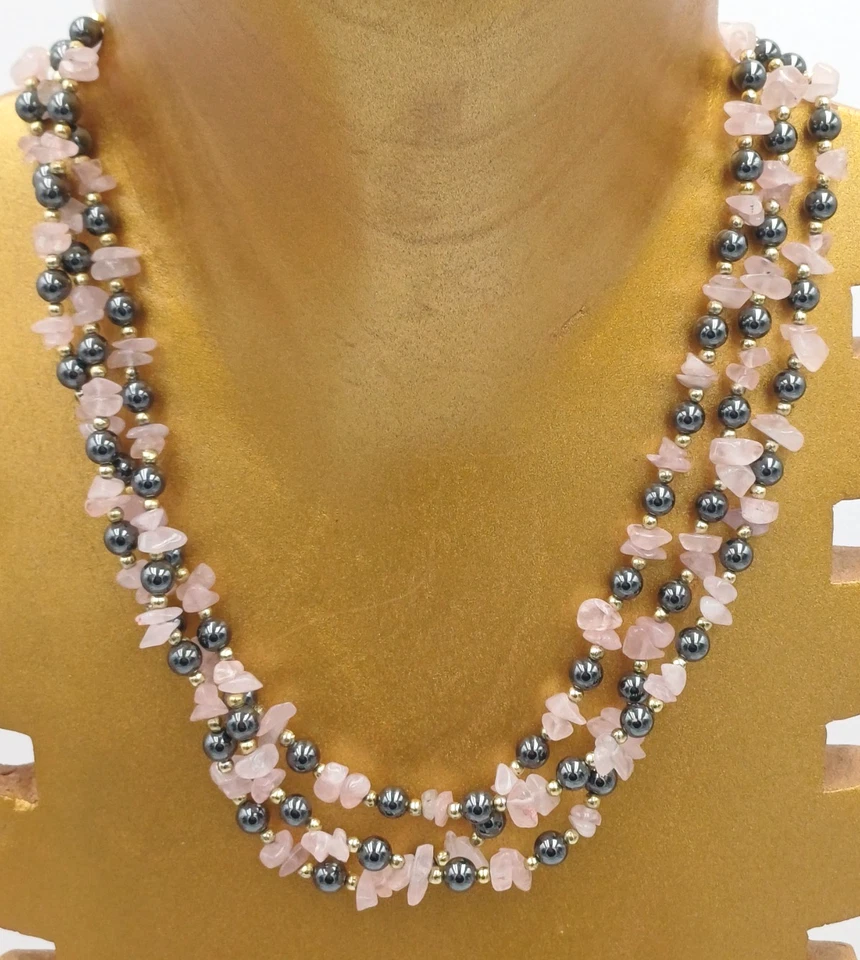 COLLANA TRE FILI CON PIETRA NATURALE EMATITE E QUARZO ROSA - Immagine 4 di 4