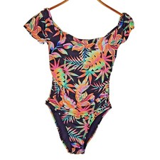 La Blanca One Piece Swimsuit Size 10 Black Tropical Off Shoulder Swim Lace Back