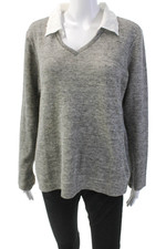 Drew Womens Linen Knit Faux Collar Side Zippered Sweater Light Gray Size L