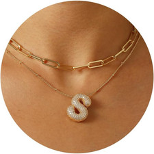 A-Z Letter Necklace, 14K Gold Plated Layered Balloon Initial Necklaces Rhineston