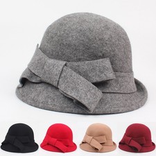 Wool Felt Church Cloche Fedora Hat Women Bowler Derby Hat Bowknot Cap with Bow