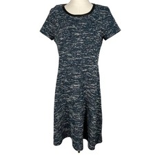 Talbots Tweed Fit & Flare Short Sleeve Crew Neck Dress Womens 10P Teal Black New