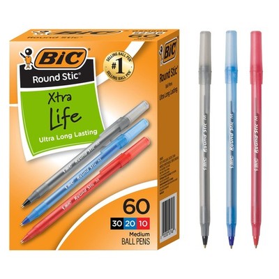BIC Round Stic Xtra Life Assorted Ink Ballpoint Pens, Medium Point (1.0mm), 60-C