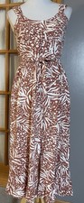 Japna Printed Button Midi Dress L Pink White Belted Slit Smocked Boho Beach