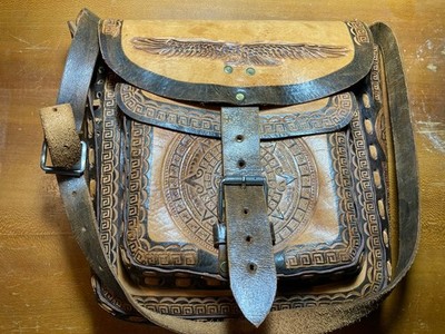 Vintage Hand Tooled Leather Bag Intricate Mayan, Eagle, Horse Theme