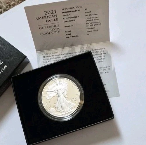 2021 W American Silver Eagle Proof Coin Type 2. BOX/ COA