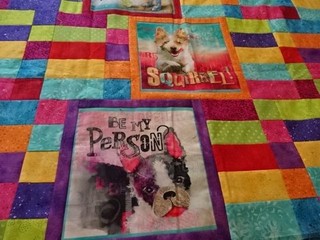 Quilt Top Throw sized 37"x50" DOG blocks used for accent w/bright fabric strips