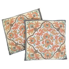 Two Vintage Embroidered Handmade Orange/Peach Floral Throw Accent Pillows Two
