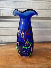 Vintage Murano Millefiori Vase Italy Art Glass Blue Multi Colored Heavy 10"