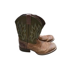 Ariat Kids Square Toe Western Cowboy Boots Brown Green Stitching Pull-On size 4