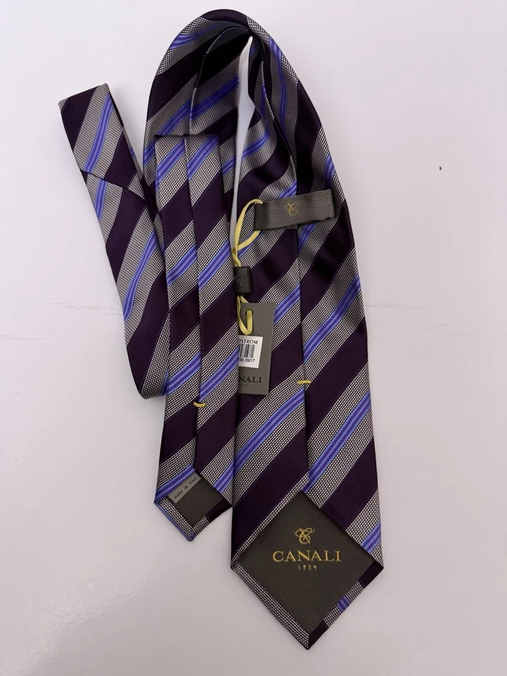 豪华! 全新 正品 Canali 真丝领带 意大利制造 深紫色条纹 全新带标签 — 第 4/4 张图片