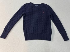 Polo Ralph Lauren Sweater Youth Medium Navy Cable Knit Crewneck Red Pony Logo