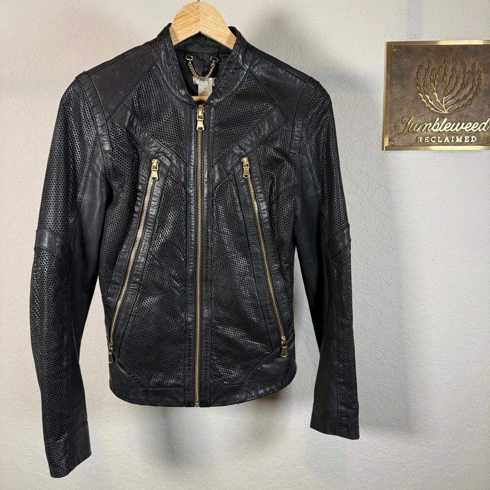 Cache Chaqueta Moto Perforada Cuero Genuino Negra Cremalleras Doradas XS Foto 2 de 4