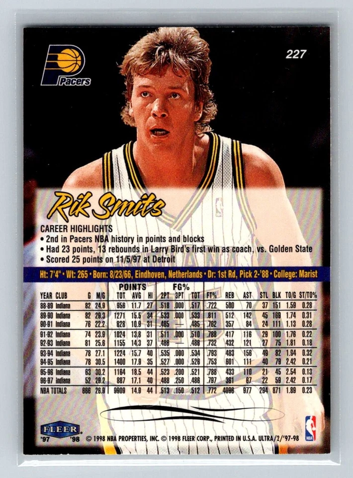 1997-98 Ultra #227 Rik Smits Indiana Pacers Basketball Card - Image 2 of 2