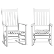 2 PCs Wooden Rocking Chair Set High Back Slatted Seat Outdoor Rocker Set White