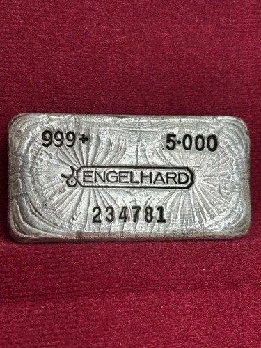 Engelhard 5 Oz 999 Vintage Silver Bar,Bull Logo Canadian Variety,double Sunburst