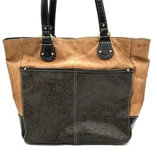 Giani Bernini Brown Leather Shoulder Bag Blue Fabric Interior Multiple Pockets