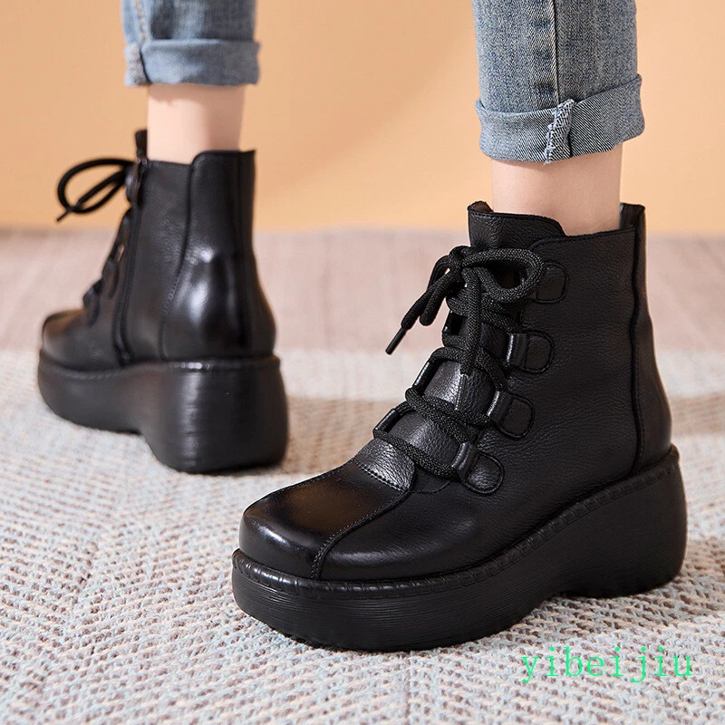 Women's Mid Wedge Heel Platform Ankle Boots Lace Up Real Leather Shoes Wide Foot - Image 3 of 4