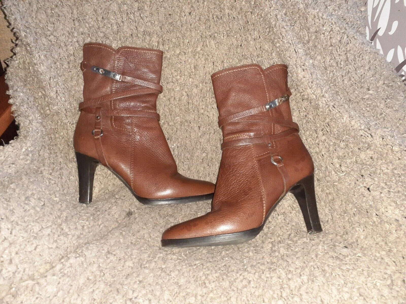 ALBERTO GOZZI Brown Leather Riding Strappy Mid Calf Zip Boots Sz 38 Excellent