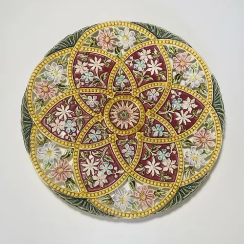 ANTIQUE MAJOLICA Pottery JOSEF STEIDAL ZNAIM  RETICULATED PLATE 13” Victorian