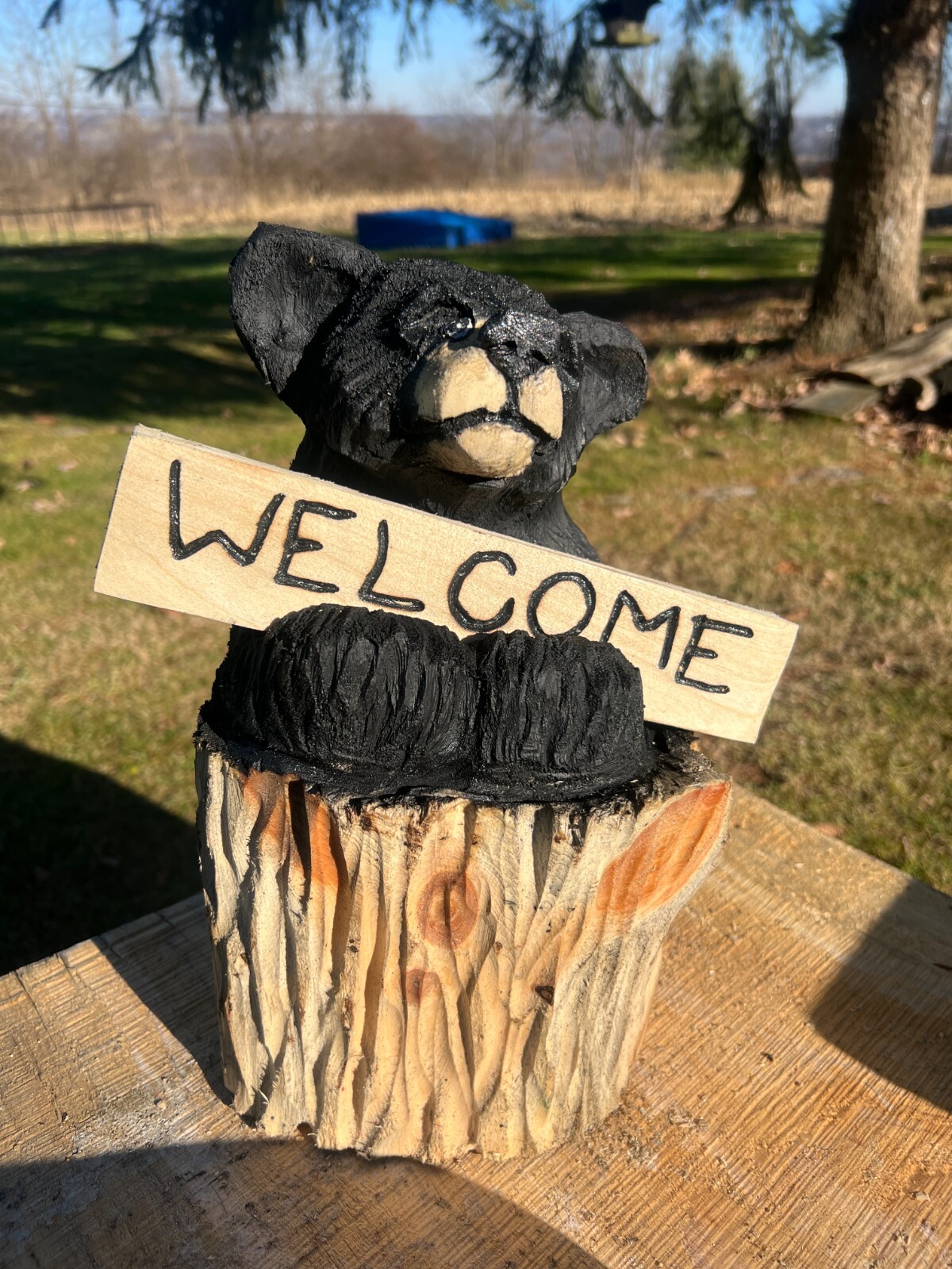Chainsaw Carved Bear Carving Cabin Decor Rustic Log Wood