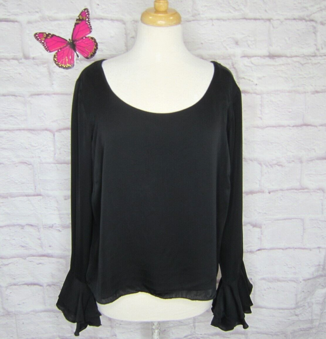 Lauren Ralph Lauren Black Lined Long Ruffled Bell Sleeve Silk Top size