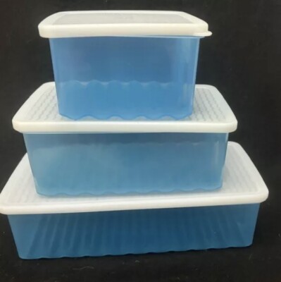 Tupperware  Set of 3 #3991 3993 4352 Fridge Smart Containers Blue/White Lids