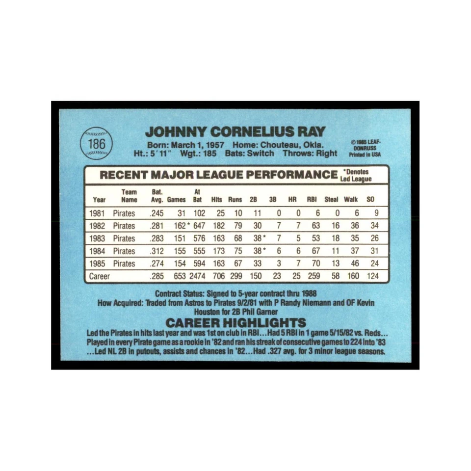 1986 Donruss Johnny Ray Pirates #186 - Image 2 of 3